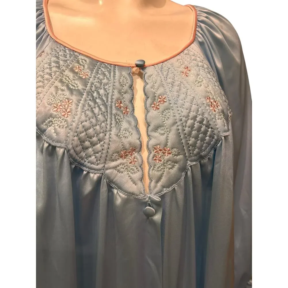 Vintage Vanity Fair Blue Nylon Nightgown Robe M Embroidered Floral USA -